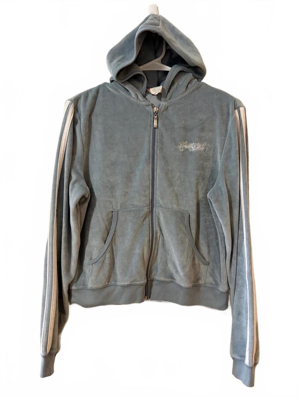 Vtg Hale Bob Hoodie Jacket Women's Size L Dusty Slate Blue Full Zip Striped